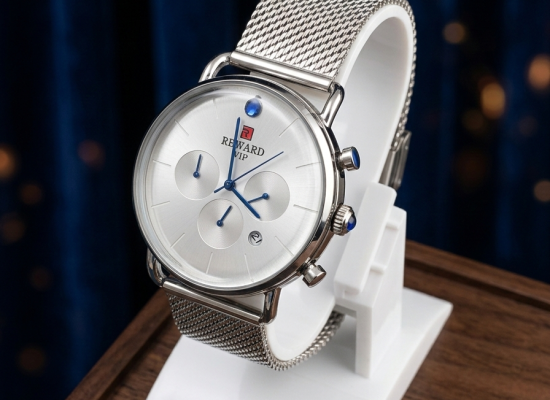 REWARD VİP – Gümüş Renk Hasır Kordonlu Mavi Detaylı Şık Erkek Saati