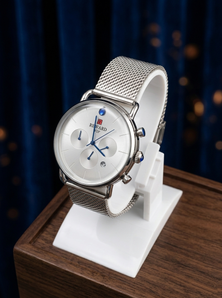 REWARD VİP – Gümüş Renk Hasır Kordonlu Mavi Detaylı Şık Erkek Saati