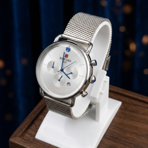 REWARD VİP – Gümüş Renk Hasır Kordonlu Mavi Detaylı Şık Erkek Saati